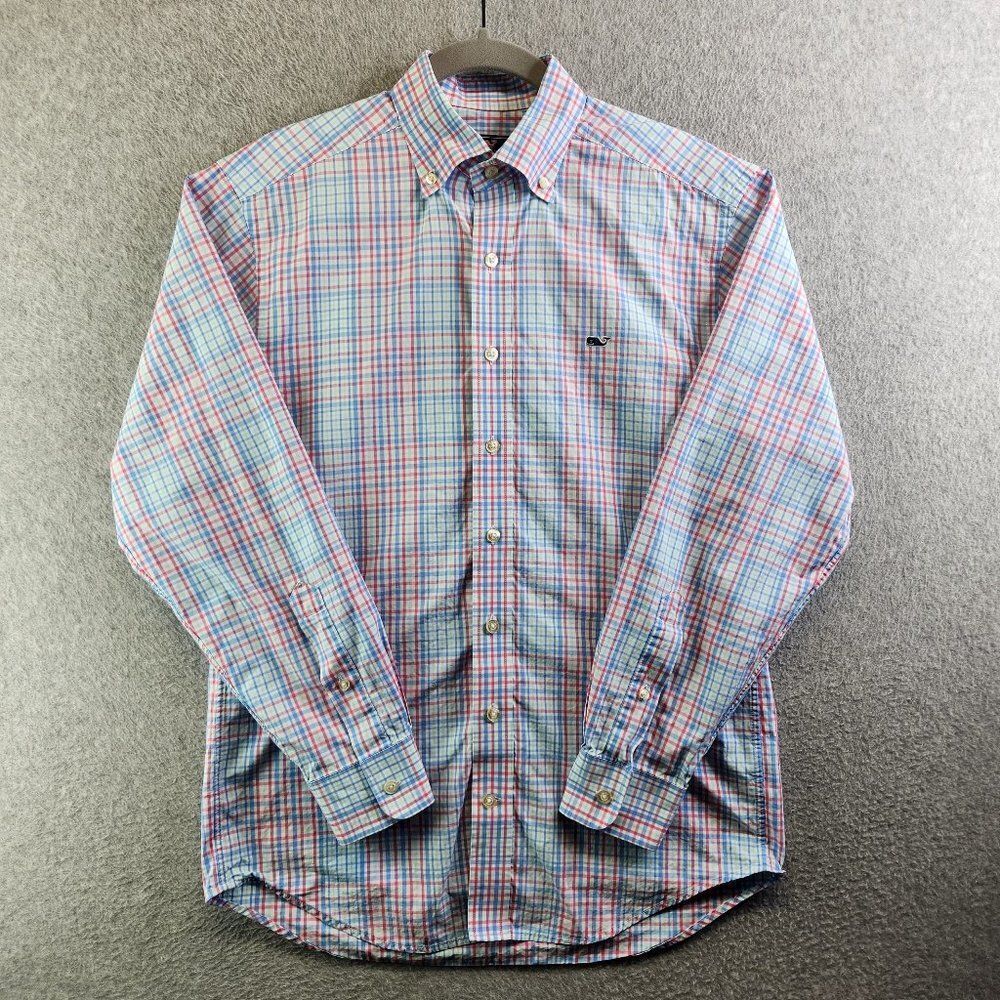 Vineyard Vines Whale Shirt Mens S Blue Plaid Classic Fit Beach Preppy Yacht Boat